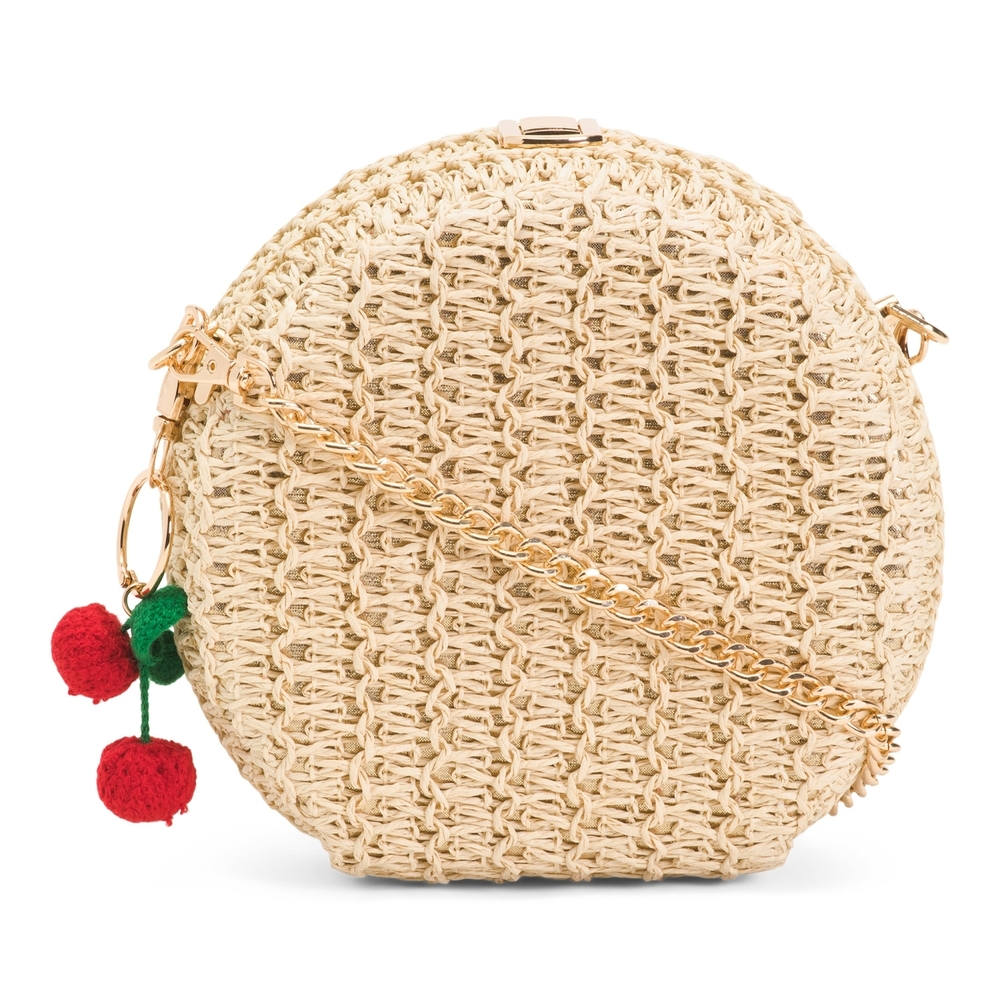 Woven Macrame Crossbody Bag with Cherry Charm